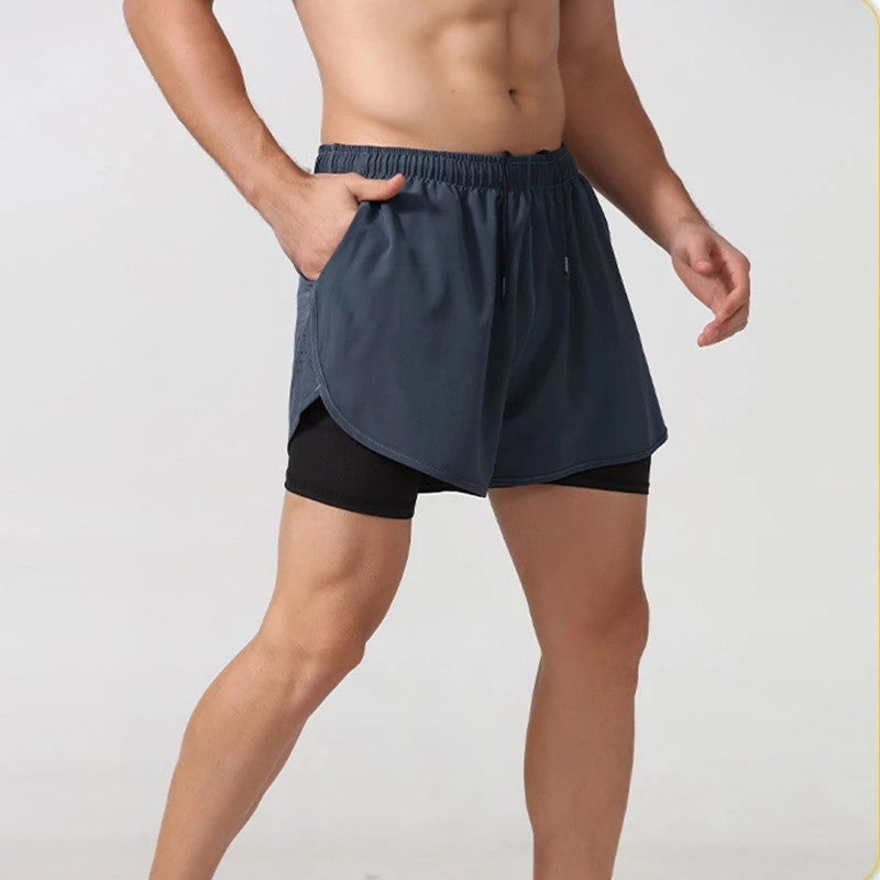 Calções de corrida masculinos de secagem rápida dupla camada