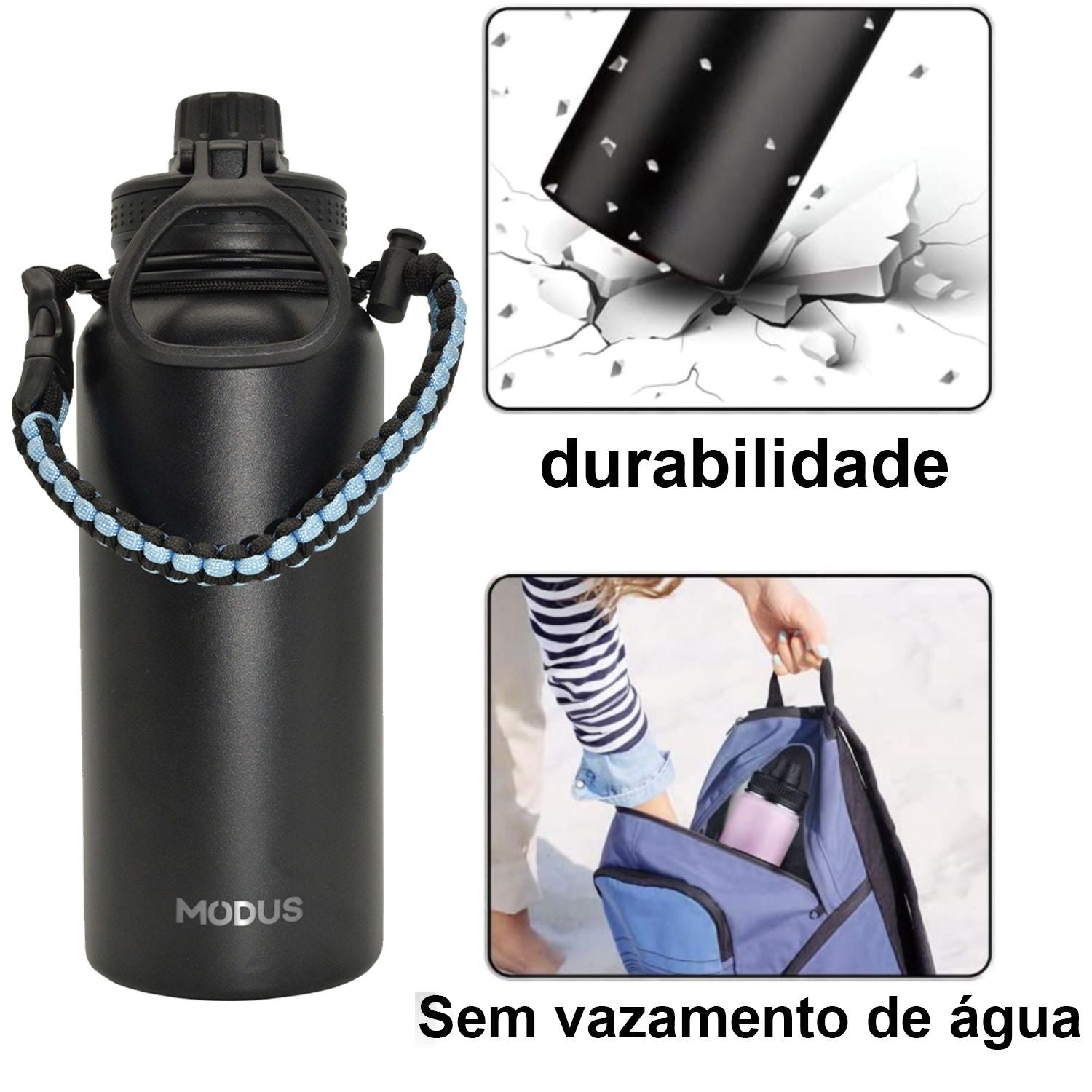 Garrafa térmica 1L parede dupla com alça e cordão