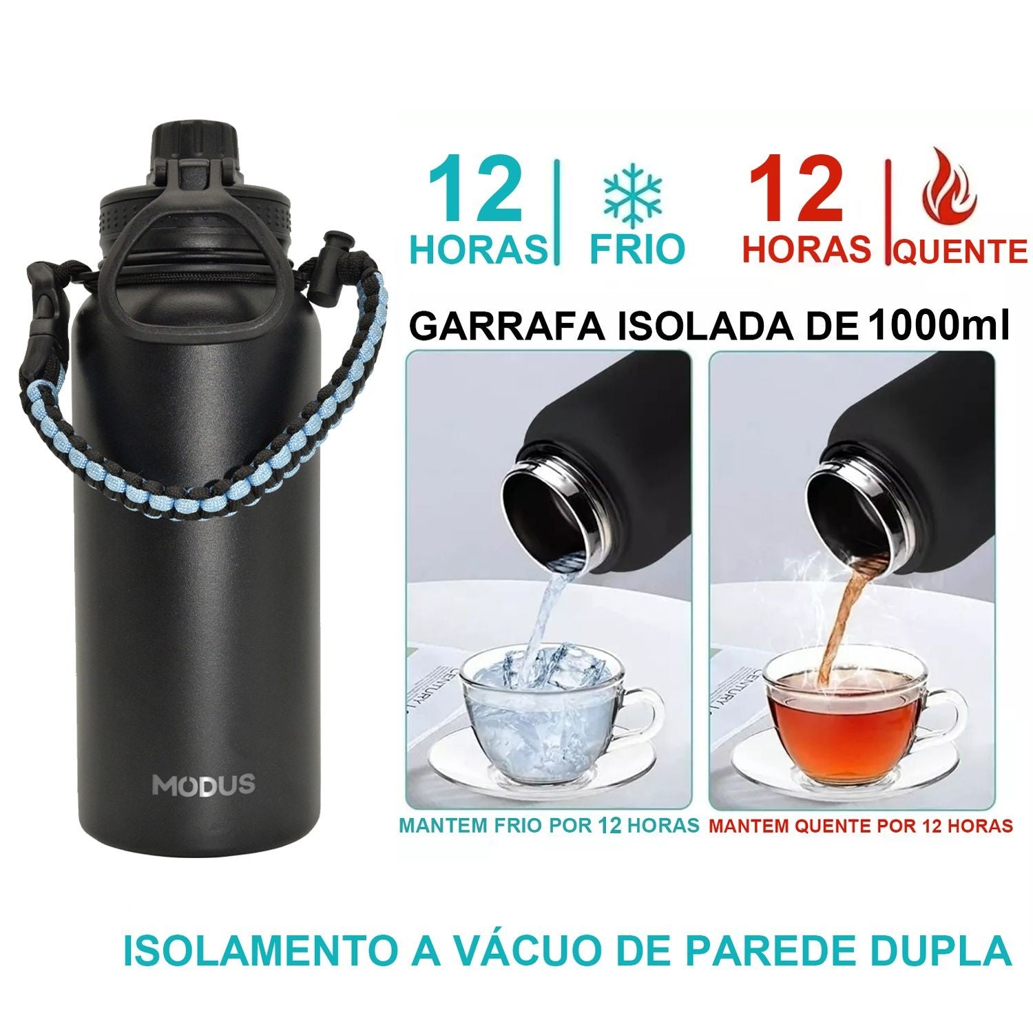 Garrafa térmica 1L parede dupla com alça e cordão